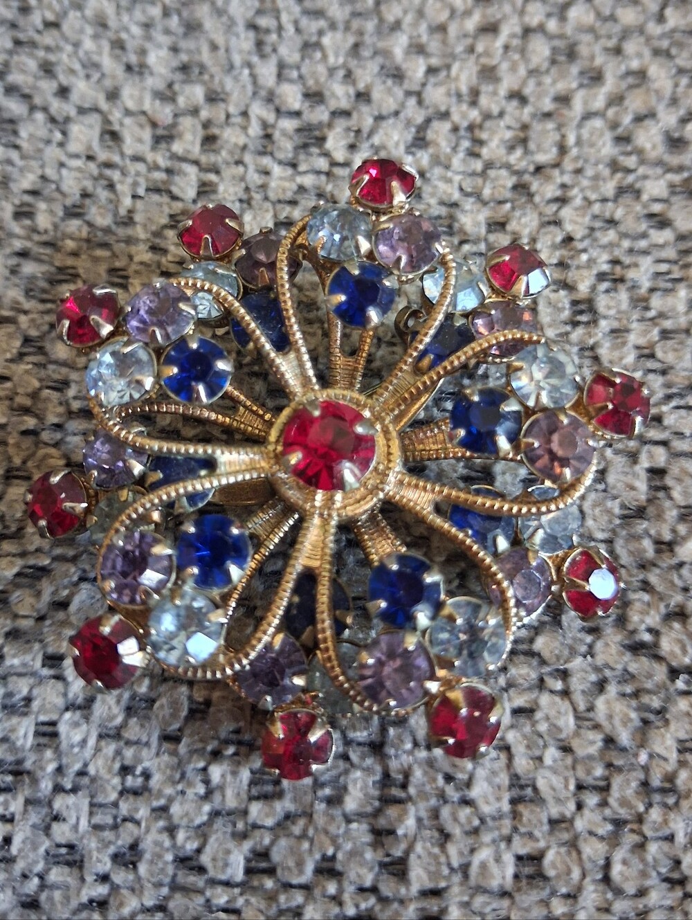 Vintage Gold Brooch with Red, Blue, Purple and Light Blue Rhinestones